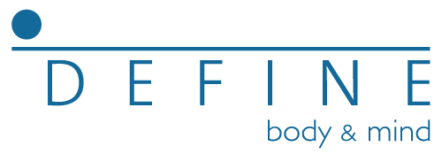 The image shows the logo for DEFINE body & mind. The word "DEFINE" is in uppercase letters with a horizontal line above it and a small circle above the letter "I." The phrase "body & mind" is in smaller lowercase text to the bottom right of DEFINE.