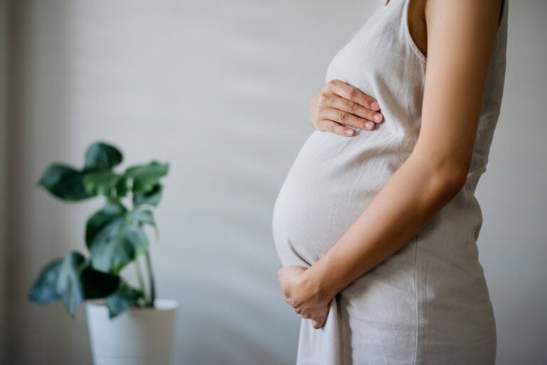 A pregnant person is wearing a sleeveless dress and cradling their belly with both hands. A potted plant with broad leaves adds a detoxifying touch to the indoor scene, enhanced by soft natural lighting.