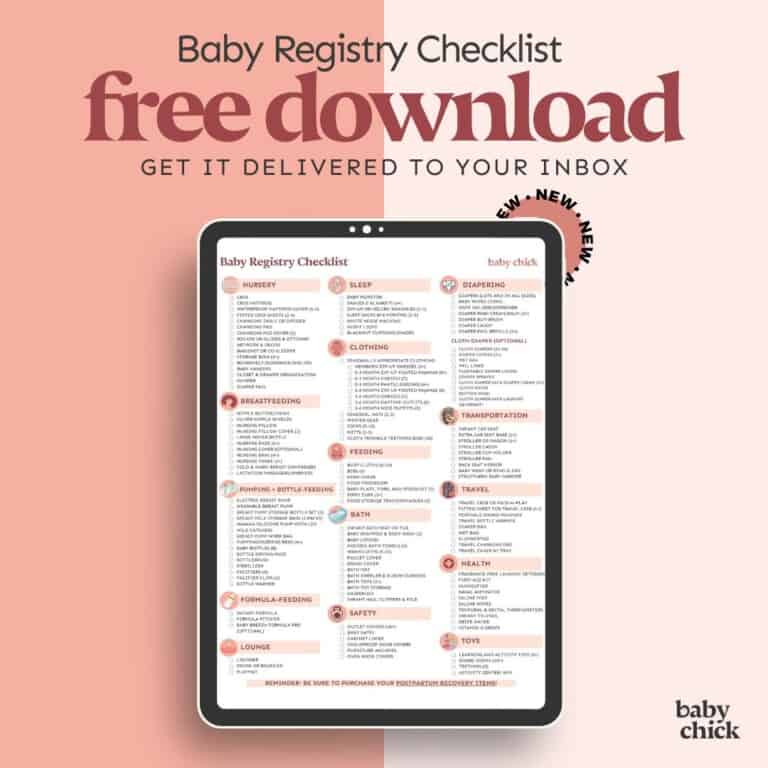 Tablet mockup of the Baby Chick Baby Registry Checklist with categories like nursery, breastfeeding, sleep, clothing, and more. Text overlay reads “Baby Registry Checklist Free Download – Get it delivered to your inbox.”