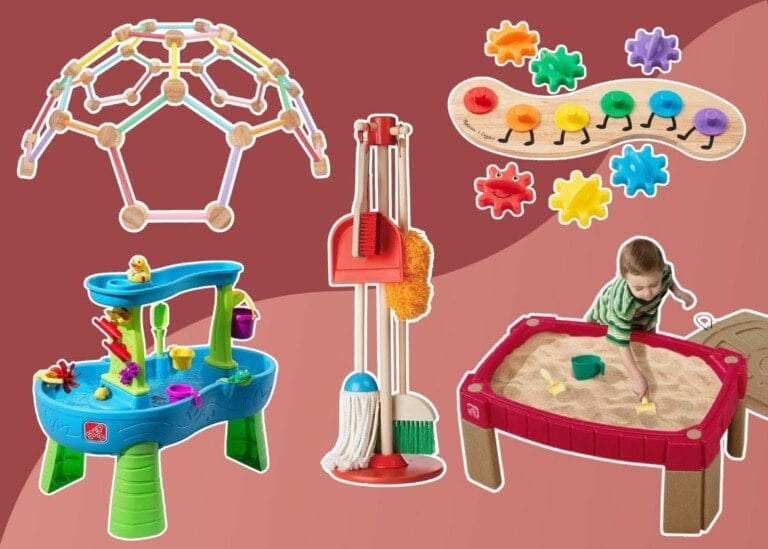 The image shows a collection of toddler toys for girls against a red background. Included are a geometric dome construction toy, a colorful gear puzzle, a water table, a cleaning set with broom and mop, and a sand table with a child playing in it. Perfect toys for 2 year olds to enjoy.