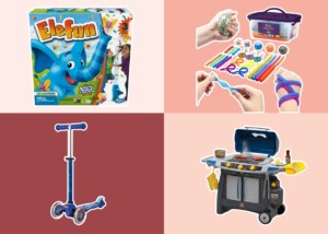 A collage of four images featuring toys for 3-year-olds includes: a board game called "Elefun," a crafting kit with various colorful materials, a blue scooter, and a toy BBQ grill set with cooking accessories.