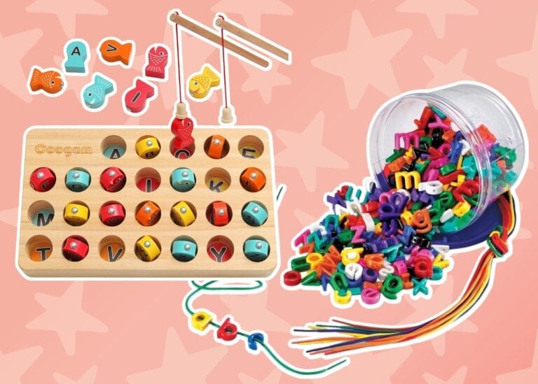 A children's educational toy set is displayed against a pink background with star patterns. The set, perfect for literacy development, includes a wooden alphabet fishing game on the left and a variety of colorful plastic alphabet magnets spilling out of a jar on the right.
