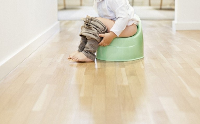 A child sitting on a green potty in a hallway, pulling up their pants—clearly ready for potty training. Only the lower half of the child is visible. The wooden floor and white-walled hallway give way to furniture visible in the background.