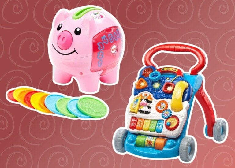 The image showcases two of the best toys for 9-12 months on a red background with swirls. The left toy is a pink piggy bank with numbers on its side. The right toy is a multi-colored activity walker featuring various buttons, wheels, and interactive elements.