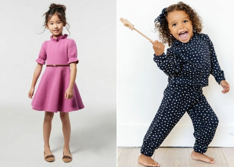 On the left, a young girl stands wearing a pink dress with a belt and sandals. On the right, a young girl smiles energetically, wearing one of the best brands for girl clothes—a navy outfit with white polka dots—while holding a wooden toy.