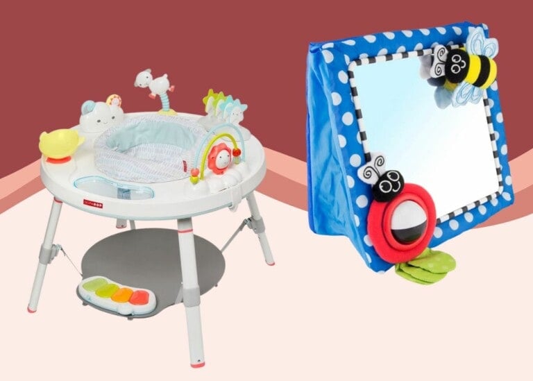 A baby activity table is on the left, featuring colorful toys for babies and a ring seat in the center. On the right, there is a blue and white polka dot mirror toy decorated with a plush bee and bug, with a leaf detail at the bottom.