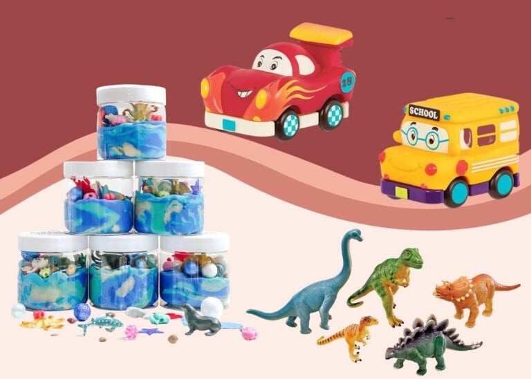 The image displays multiple jars containing blue sensory putty with small toys inside, a stack of colorful plastic dinosaurs, and two toy vehicles—a red race car and a yellow school bus—against a pink and red wavy background. Perfect as party favors for kids, these vibrant items promise endless fun.