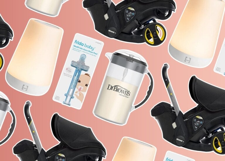 A collage of must-have baby products on a pink background. The items include baby car seats, Dr. Brown's milk jugs, Frida Baby Windi gas relief sticks, and white nightlights. The products are arranged in a repeating pattern.