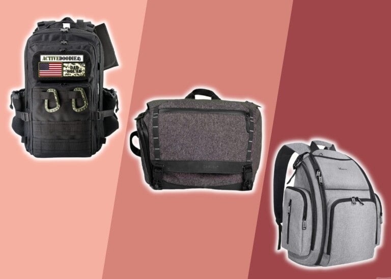 Three different styles of backpacks, including diaper bags for dads, are displayed on a gradient background transitioning from red to pink. From left to right: a black tactical backpack with patches and carabiners, a gray messenger bag with a black strap, and a light gray camera backpack.