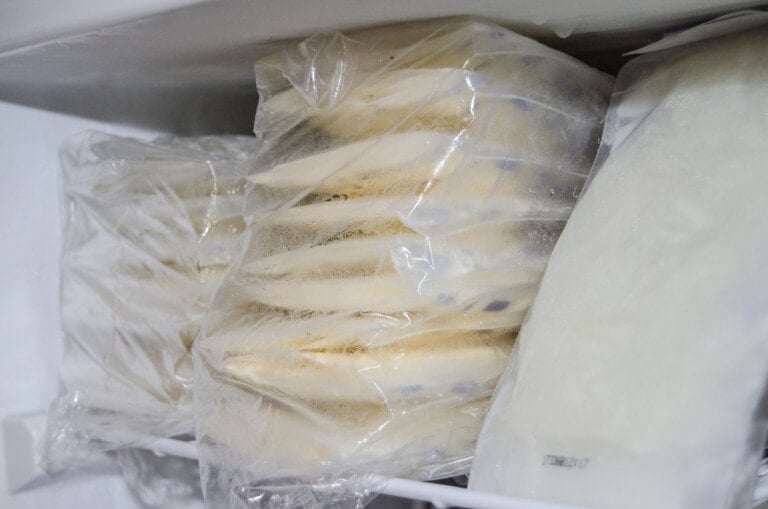 Plastic bags filled with stacked food items in a freezer. The contents appear to be frozen meals, food portions, or even a breast milk stash organized on a wire shelf, with a noticeable amount of frost inside the packaging.