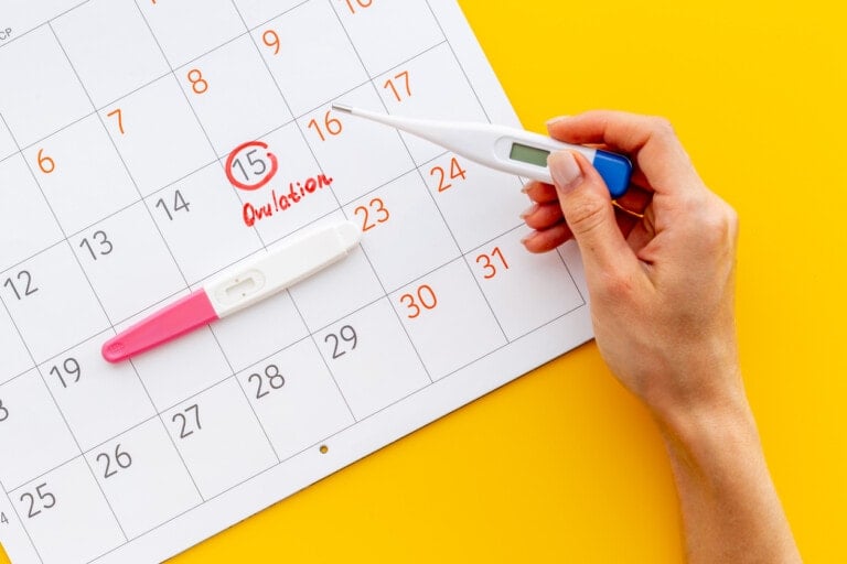 A hand holding a digital thermometer points to a calendar with the 15th circled and labeled "Ovulation." A pregnancy test with one pink and one white end lies across the calendar, hinting at the best ovulation test method. The background is bright yellow.
