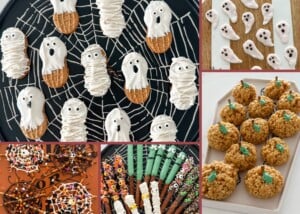 A collage of Halloween-themed treats: ghost-shaped cookies with white icing on a web-patterned tray, meringue ghosts on a cutting board, rice cereal treats shaped like pumpkins, chocolate-dipped pretzel rods with spooky decorations, and various decorated cookies—perfect Halloween snack ideas.