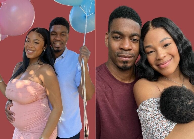 The image is a side-by-side of two photos. On the left, Kam and Leroy, with Kam in a pink dress and Leroy in a light blue shirt, hold balloons. On the right, the same couple smiles with their newborn, Leroy now in a maroon shirt and Kam lovingly holding the baby.