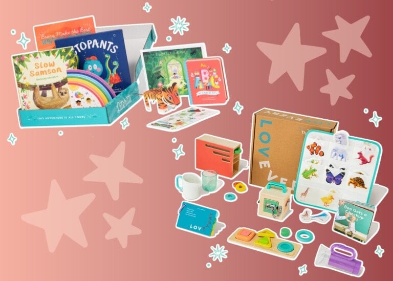 A collage featuring children’s books and educational toy kits arranged on a gradient pink background with white star illustrations. Items include a box labeled "Slow Samson," colorful cards, and a kit with sorting objects and a small suitcase from the best subscription boxes for kids.