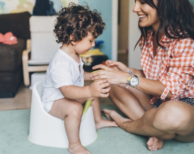 A toddler sits on a potty chair, while a smiling woman in a checkered shirt kneels in front of the child, holding their hands. The cozy, child-friendly room with various toys suggests an environment attentive to readiness signs for potty training.