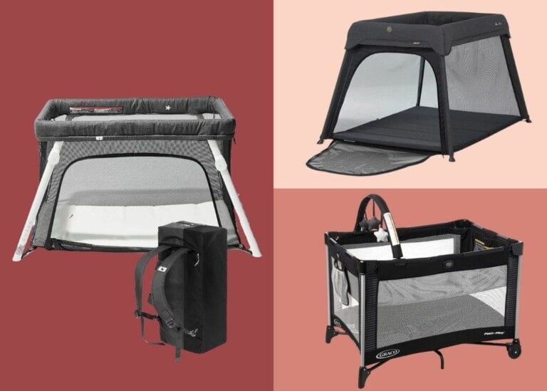 The image displays three different portable pack and plays for babies against a split red and beige background. The gray and black baby playpens feature mesh sides for visibility, with one including a black carrying bag.