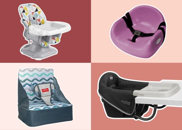 The image showcases four distinct baby booster seats. The top left features a multi-colored toddler high chair, the top right shows a purple plastic seat with a harness, the bottom left presents a blue and white portable booster, and the bottom right is a black clip-on travel high chair.