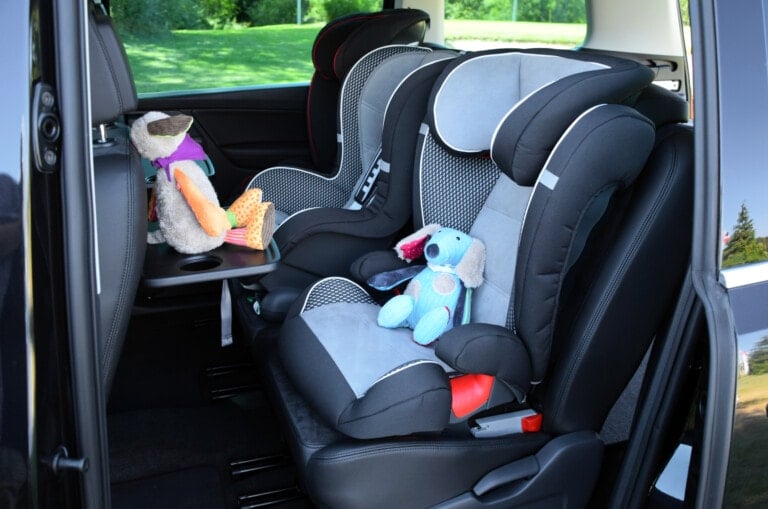 The interior of a vehicle showcasing two car seats in the back seat, each holding a stuffed animal. The left seat features an owl plush toy, while the right hosts a plush dog toy. Two rear-facing windows reveal a green outdoor area beyond.