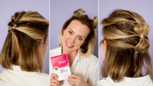 The image is a triptych of a woman with shoulder-length hair styled in various ways. The central image shows her smiling and holding a box of Viviscal hair growth supplements. The side images provide detailed views, showcasing her chic style and luxurious short hair from the back and side.