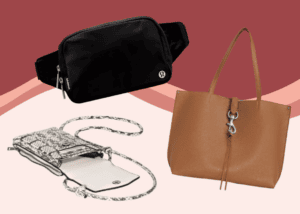 The image displays three bags on a multicolored wavy background. Highlighting some of the best purses for moms, the collection includes a black waist bag positioned at the top, a brown leather tote on the right, and a small crossbody bag with a black and white patterned design at the bottom.