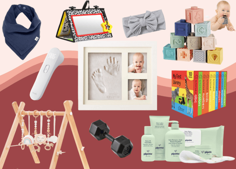 A collage of the best baby products on Amazon, featuring a navy bib, food teether, sensory mirror, gray headband, handprint frame, thermometer, building blocks, activity gym, baby care products, baby book set, and a small dumbbell.