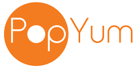 The image showcases the PopYum logo, with "PopYum" in a modern, sans-serif font. The "Pop" part is nestled inside an orange circle, while "Yum" appears in matching orange outside the circle—perfectly embodying the brand's approach to formula feeding on the go.