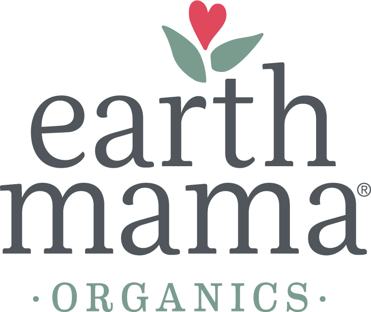 The logo for Earth Mama Organics features the company name in lowercase letters, with the word "earth" above "mama." A red heart and green leaves are placed above the word "earth," symbolizing love and nature. Perfect for those embracing home birth, the word "organics" is written in uppercase letters below "mama.