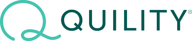 A logo featuring "QUILITY" in dark green, with a stylized "Q" on the left side. The background is a solid teal color, enhancing the elegance of the design.