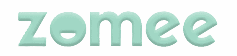 The image displays the word "zomee" in lowercase letters with a stylized double "o", where the left "o" has a small gap at the bottom, resembling a smiley face. The text is in light green on a transparent background, subtly hinting at the playful design of the new zomee Z2.