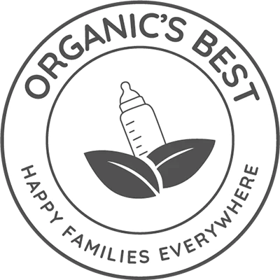 A circular logo featuring the text "ORGANIC'S BEST" at the top and "HAPPY FAMILIES EVERYWHERE" at the bottom, surrounding an image of a baby bottle resting on two leaves in the center, symbolizing premium organic European baby formula.